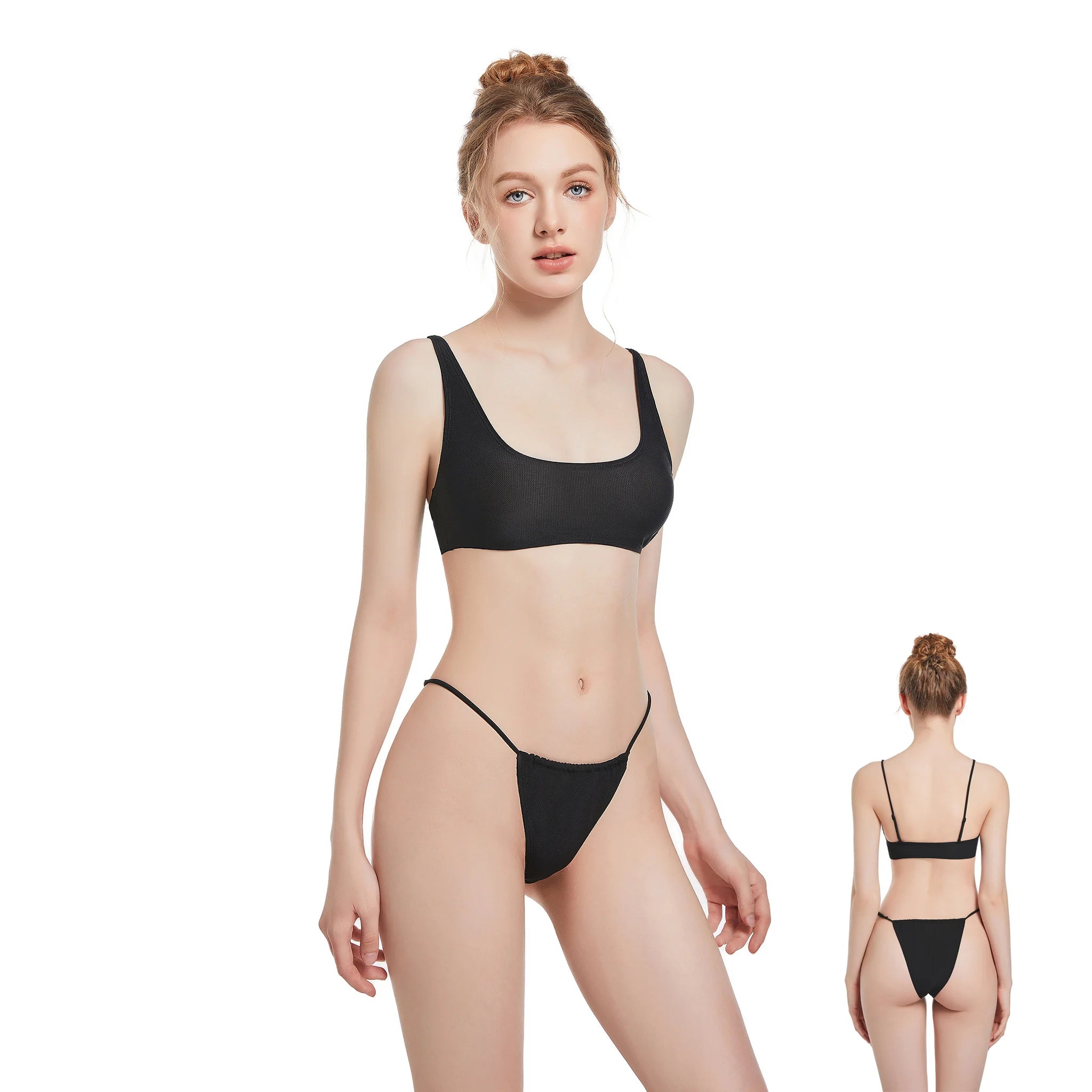Tan Two-Piece Set Women's Sexy Swimwear Black Bikini Deep V Neck Breathable Quick Dry Eco-Friendly Summer Fashion Spandex Polyester