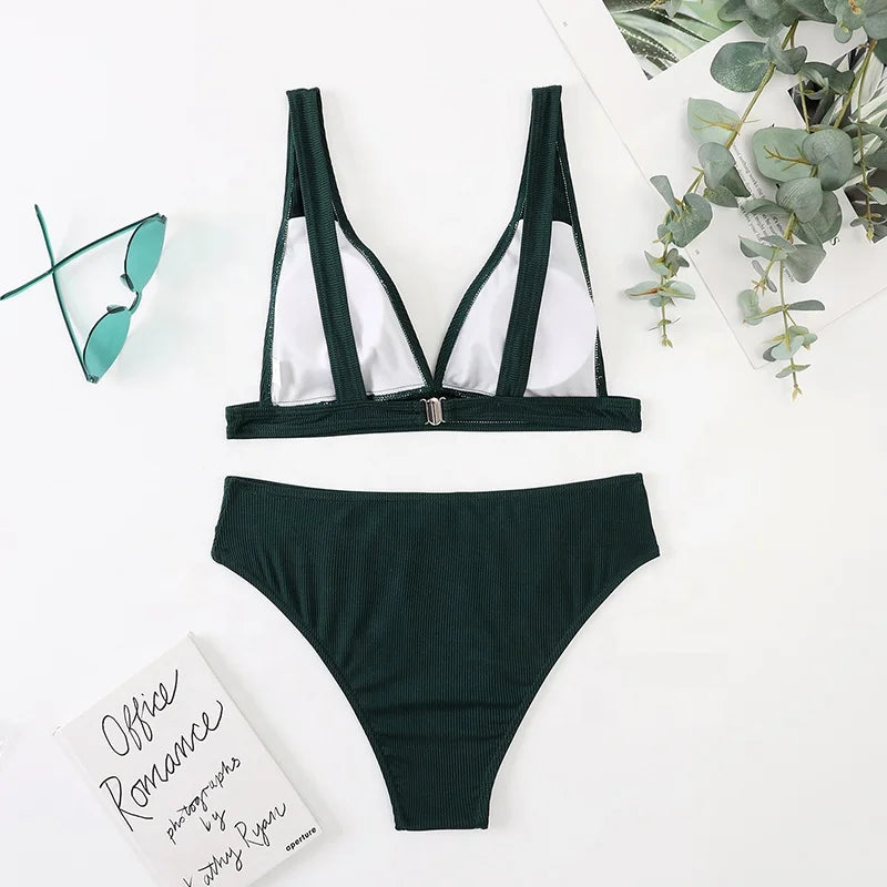 Ribbed Bikini Women Swimsuit 2022 New High Waist Swimwear Sexy V-neck Biquini Push up Bathing Suit Women Black Bikini Set