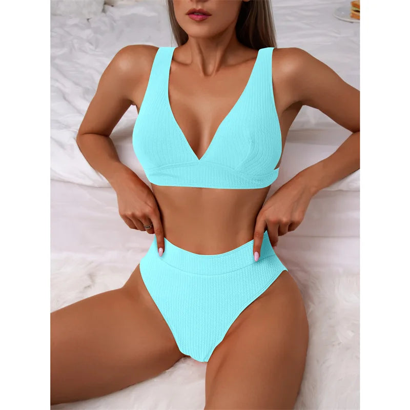 Ribbed Bikini Women Swimsuit 2022 New High Waist Swimwear Sexy V-neck Biquini Push up Bathing Suit Women Black Bikini Set