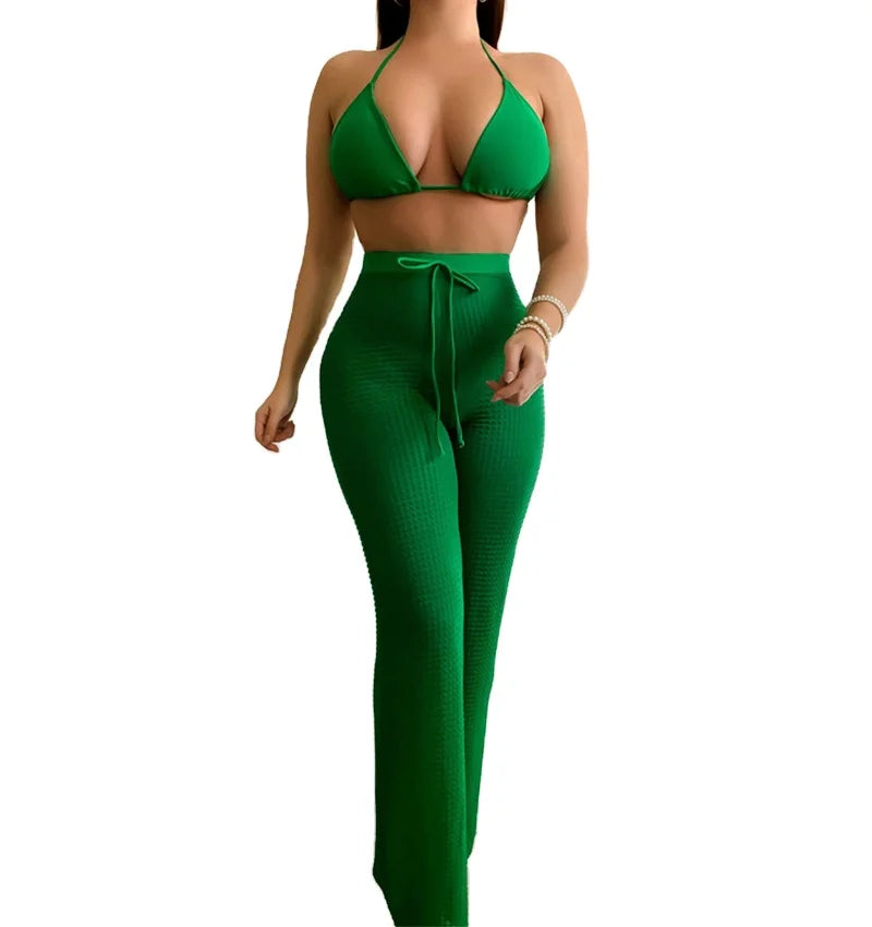 2024 New Women's Clothing Green Women Swimming Suit Swimwear 3 Piece Bikini Set With Beach Pants