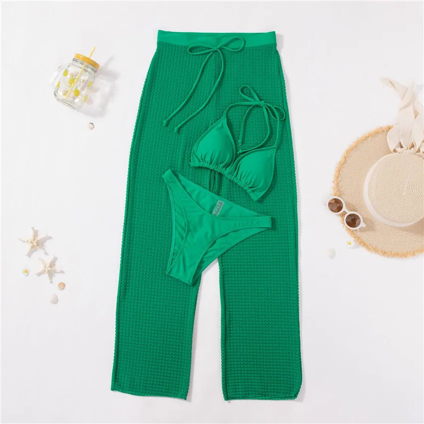 2024 New Women's Clothing Green Women Swimming Suit Swimwear 3 Piece Bikini Set With Beach Pants