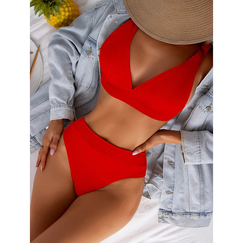 Ribbed Bikini Women Swimsuit 2022 New High Waist Swimwear Sexy V-neck Biquini Push up Bathing Suit Women Black Bikini Set