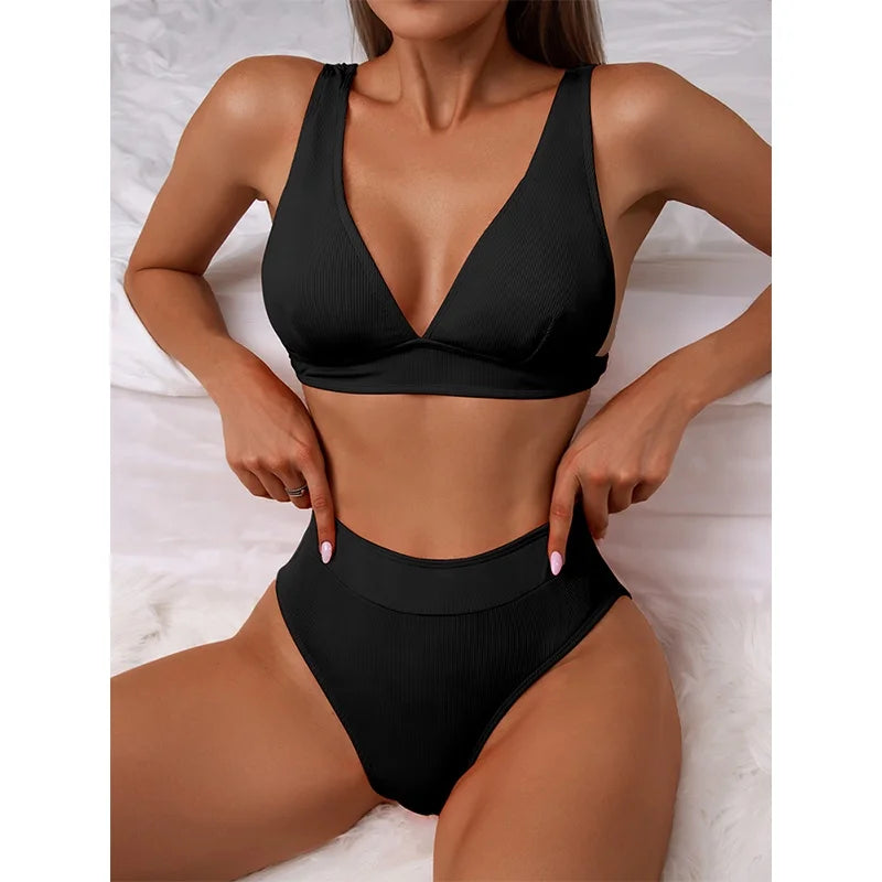 Ribbed Bikini Women Swimsuit 2022 New High Waist Swimwear Sexy V-neck Biquini Push up Bathing Suit Women Black Bikini Set