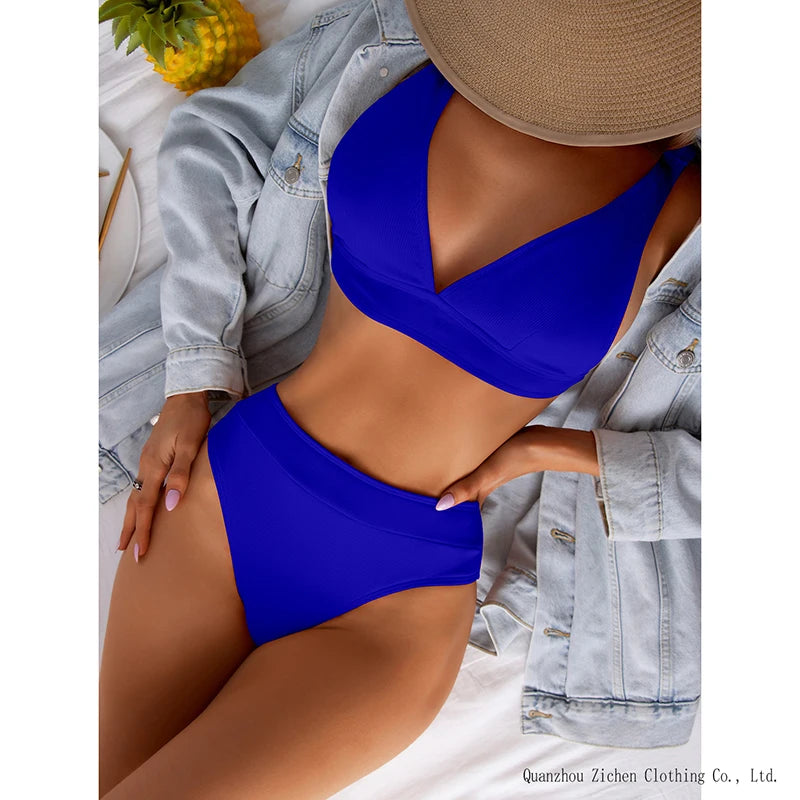 Ribbed Bikini Women Swimsuit 2022 New High Waist Swimwear Sexy V-neck Biquini Push up Bathing Suit Women Black Bikini Set