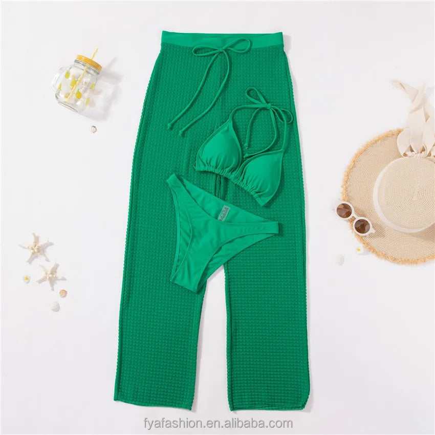 2024 New Women's Clothing Green Women Swimming Suit Swimwear 3 Piece Bikini Set With Beach Pants