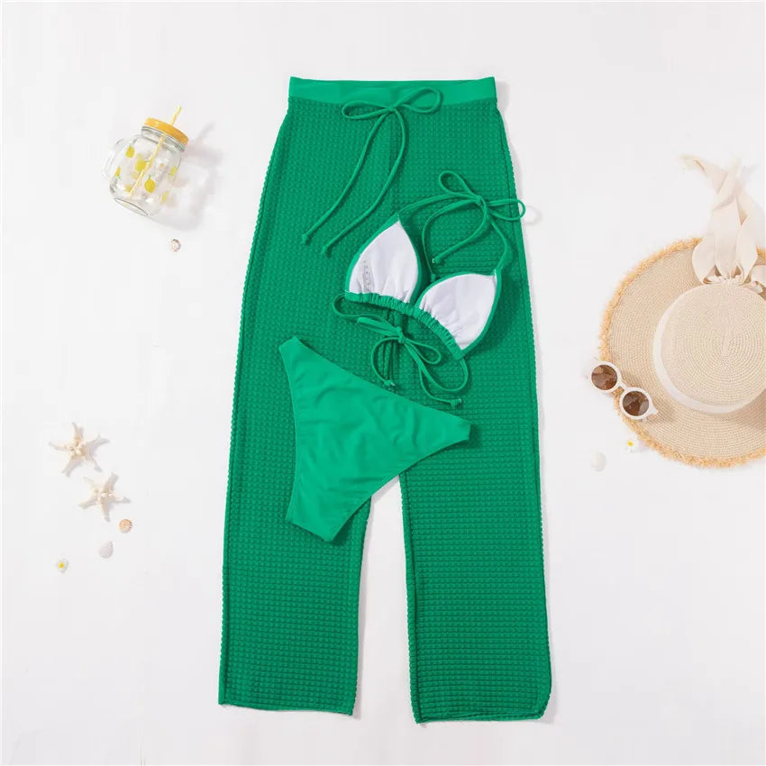 2024 New Women's Clothing Green Women Swimming Suit Swimwear 3 Piece Bikini Set With Beach Pants