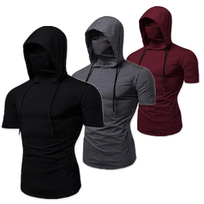 Summer Hooded T-Shirt Stretch Pullover Slim Fitness Personality Stretch Leisure Sport Shirt Ninja Suit Short-sleeved Mask Top