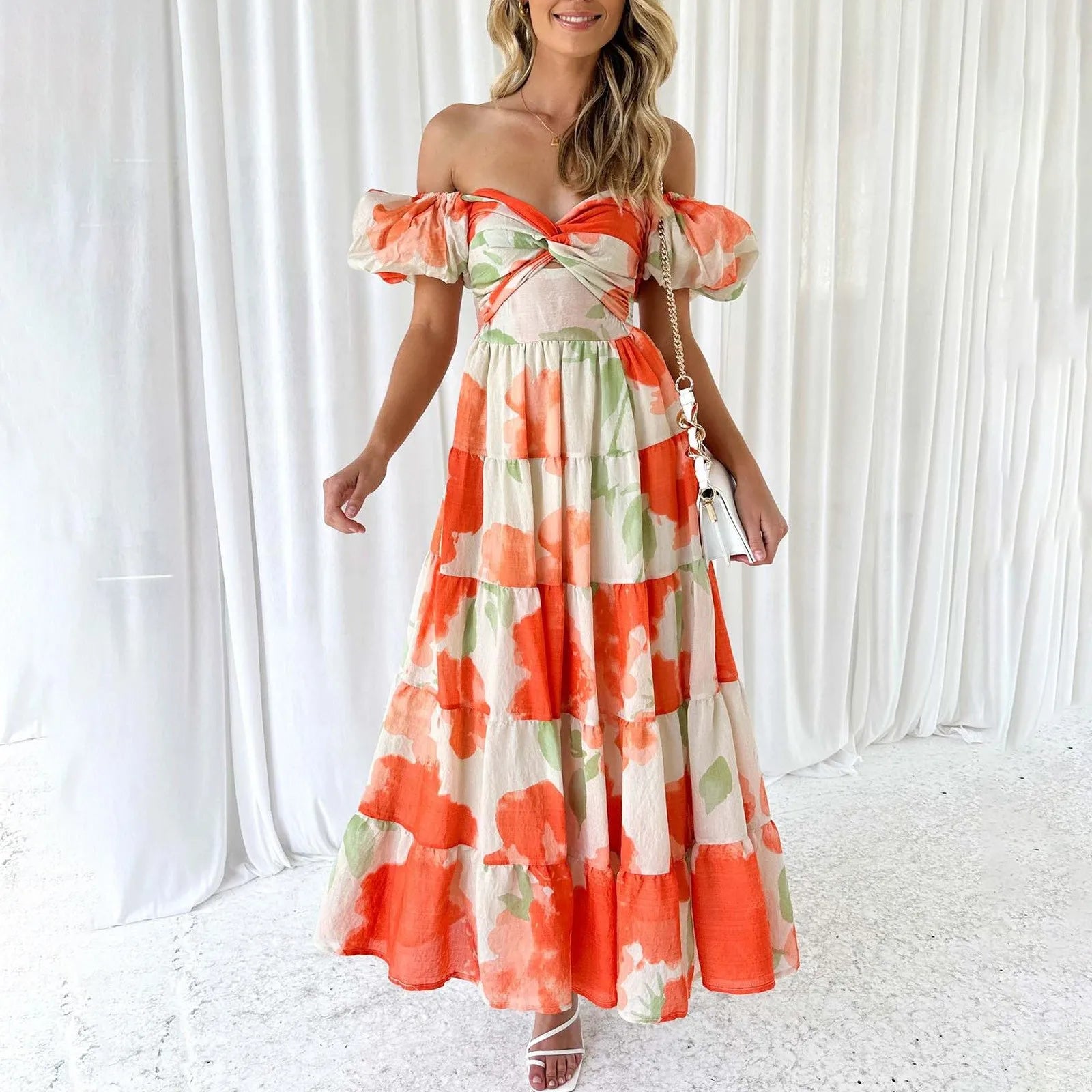 Summer V Neck Cutout Floral Print Dresses Elegant Women Puff Short Sleeve Casual Dress Pleated Waisted Swing Beach Long Dress