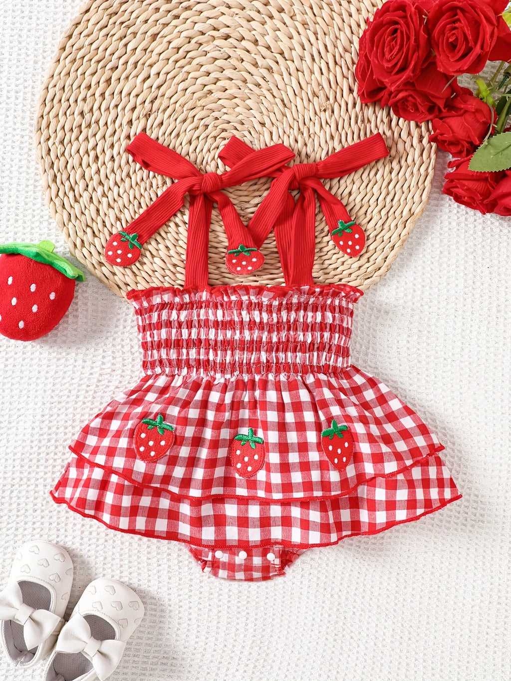 Baby Girl Strawberry Gingham Smocked Tie-Strap Romper Dress – Stretchy Shirred Bodice & Layered Skirt, Cute Summer One-Piece Out
