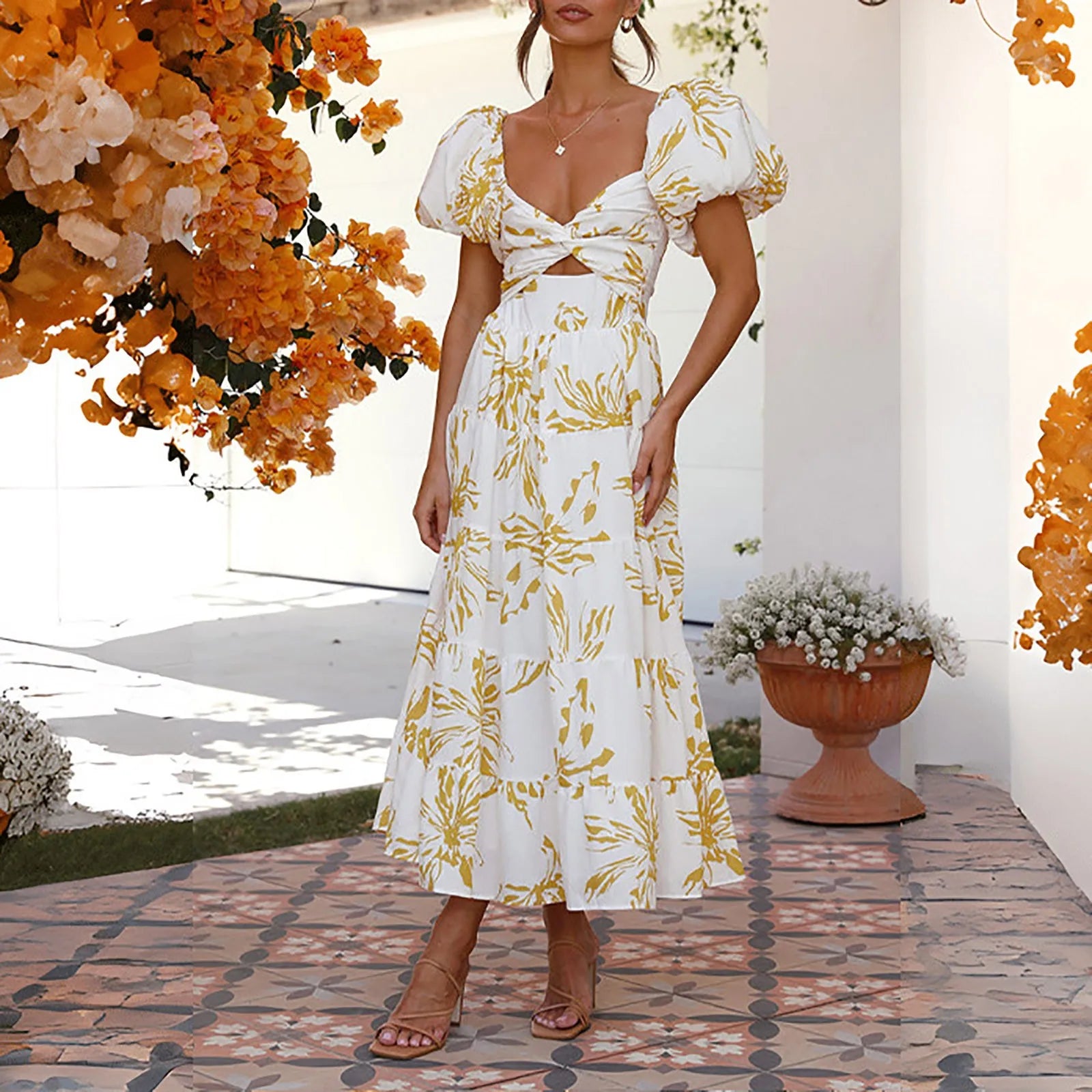 Summer V Neck Cutout Floral Print Dresses Elegant Women Puff Short Sleeve Casual Dress Pleated Waisted Swing Beach Long Dress