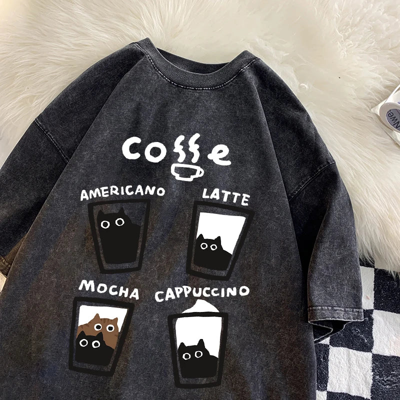 American Retro Trendy Cat Cotton T-shirt Men Women Summer Loose Couple Short Sleeve Tops Harajuku Y2k Vintage Water Washing Tee