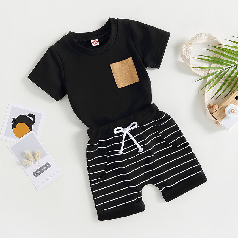 2023-03-01 Lioraitiin 0-4Years Baby Kids Boys 2Pcs Summer Set Short Sleeve Crew Neck T-shirt with Striped Shorts Outfit