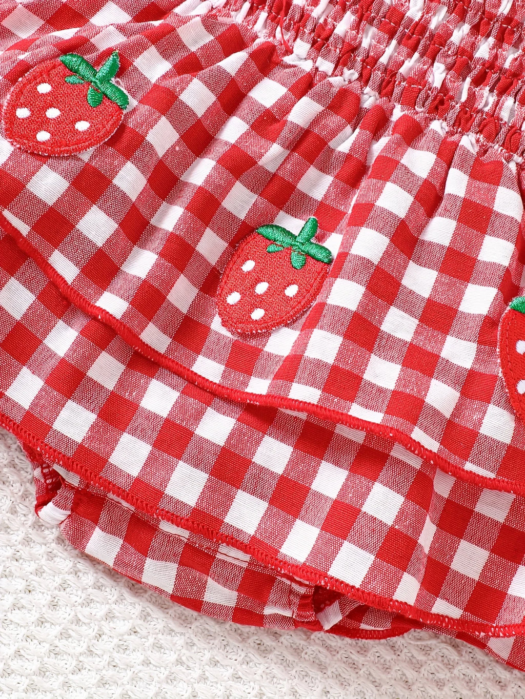 Baby Girl Strawberry Gingham Smocked Tie-Strap Romper Dress – Stretchy Shirred Bodice & Layered Skirt, Cute Summer One-Piece Out