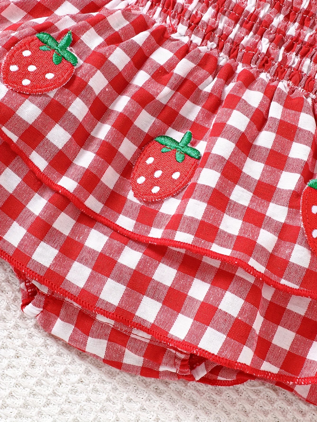 Baby Girl Strawberry Gingham Smocked Tie-Strap Romper Dress – Stretchy Shirred Bodice & Layered Skirt, Cute Summer One-Piece Out
