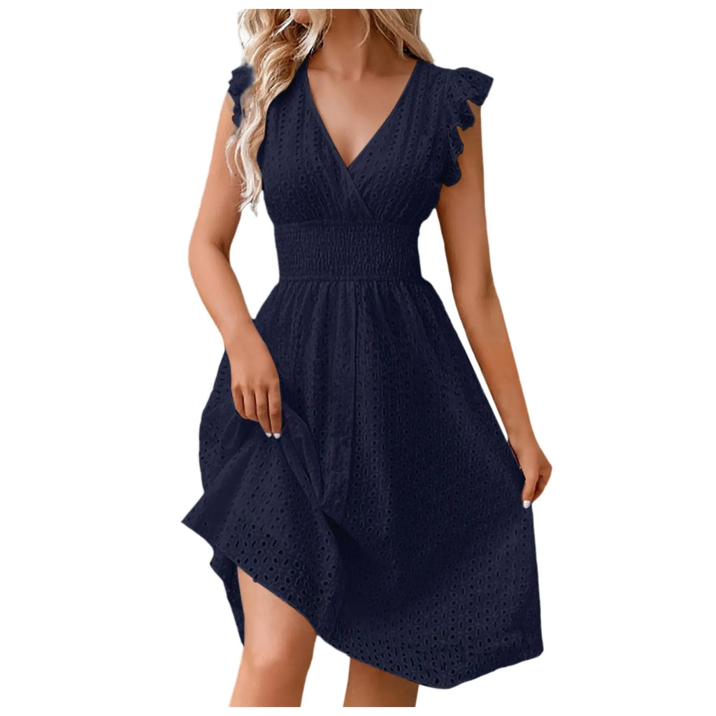Summer Womens Vacation Short Dress Sexy V Neck Flare Sleeve Solid Color Hollow Lace Waist Dress Casual Beach Holiday Dresses