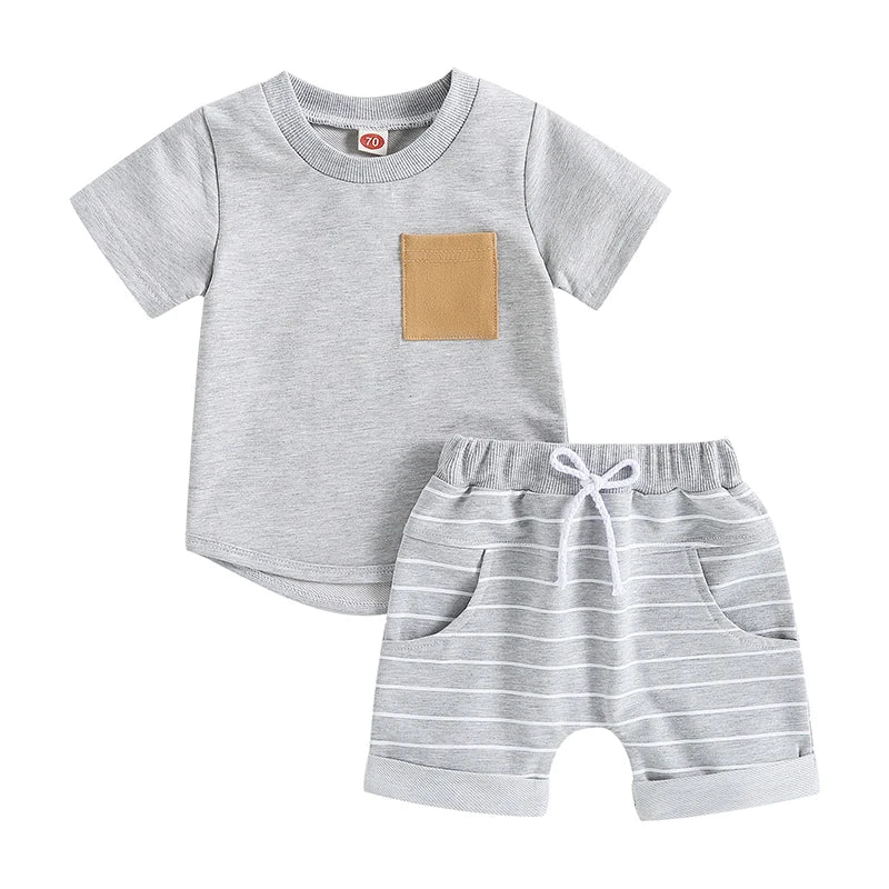 2023-03-01 Lioraitiin 0-4Years Baby Kids Boys 2Pcs Summer Set Short Sleeve Crew Neck T-shirt with Striped Shorts Outfit