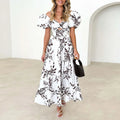 Summer V Neck Cutout Floral Print Dresses Elegant Women Puff Short Sleeve Casual Dress Pleated Waisted Swing Beach Long Dress