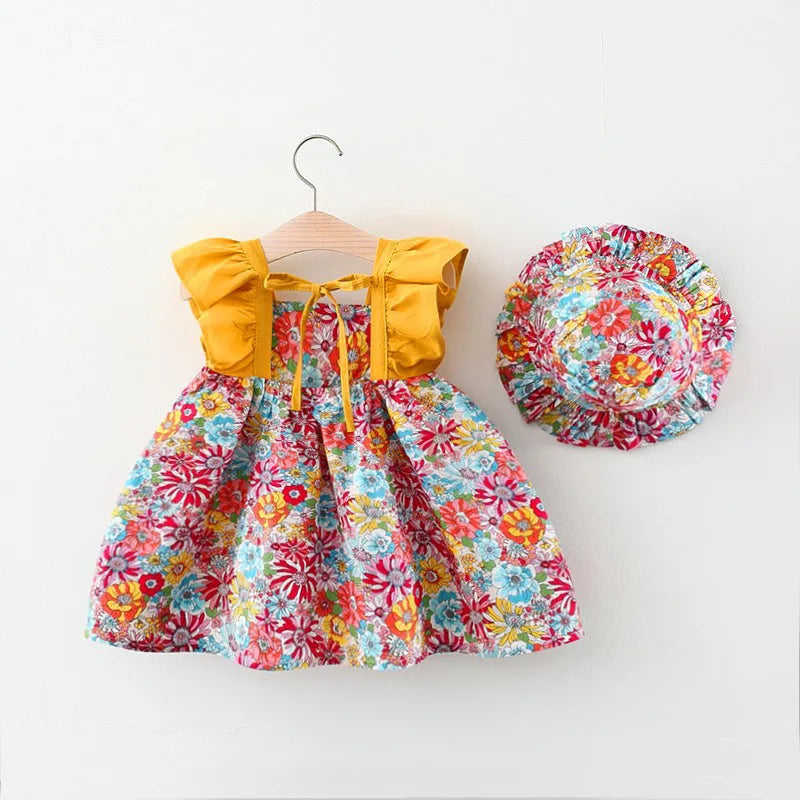 Summer New Floral Baby Girl Dress, Sweet Ruffled Sleeves Children'S Clothing With Free Hat For Babies Aged 9 Months To 3 Years