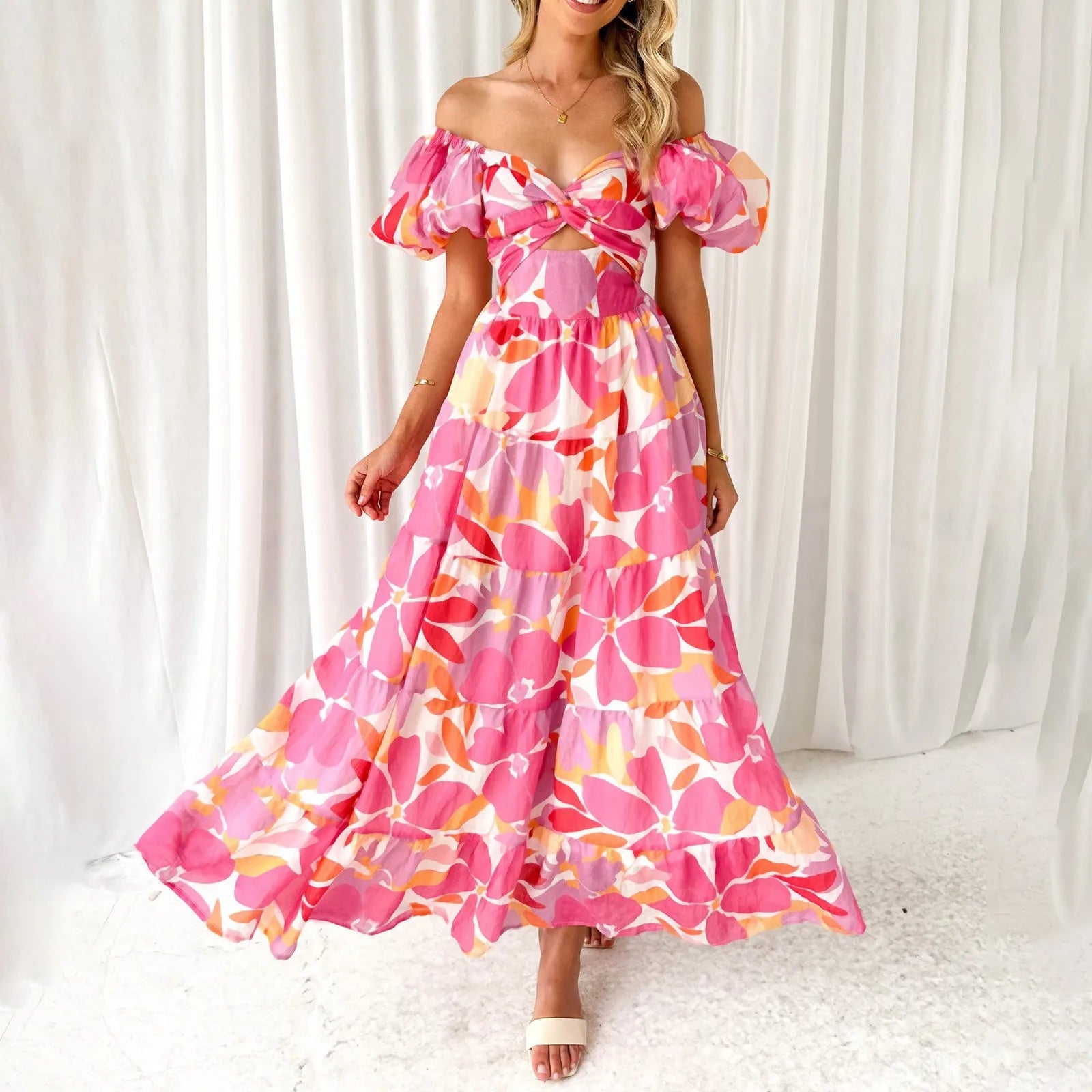 Summer V Neck Cutout Floral Print Dresses Elegant Women Puff Short Sleeve Casual Dress Pleated Waisted Swing Beach Long Dress
