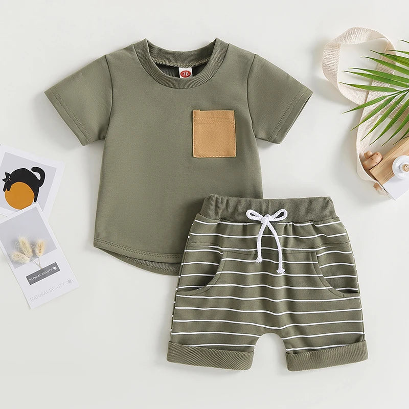 2023-03-01 Lioraitiin 0-4Years Baby Kids Boys 2Pcs Summer Set Short Sleeve Crew Neck T-shirt with Striped Shorts Outfit
