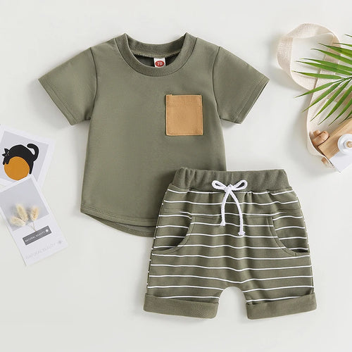 2023-03-01 Lioraitiin 0-4Years Baby Kids Boys 2Pcs Summer Set Short Sleeve Crew Neck T-shirt with Striped Shorts Outfit