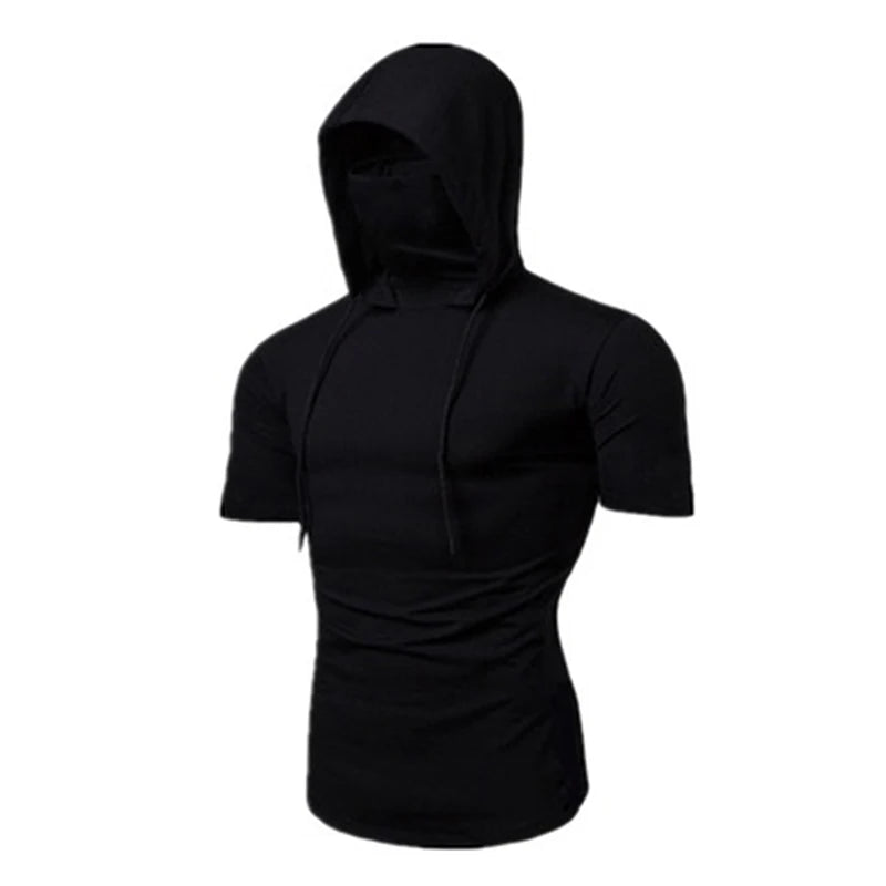Summer Hooded T-Shirt Stretch Pullover Slim Fitness Personality Stretch Leisure Sport Shirt Ninja Suit Short-sleeved Mask Top