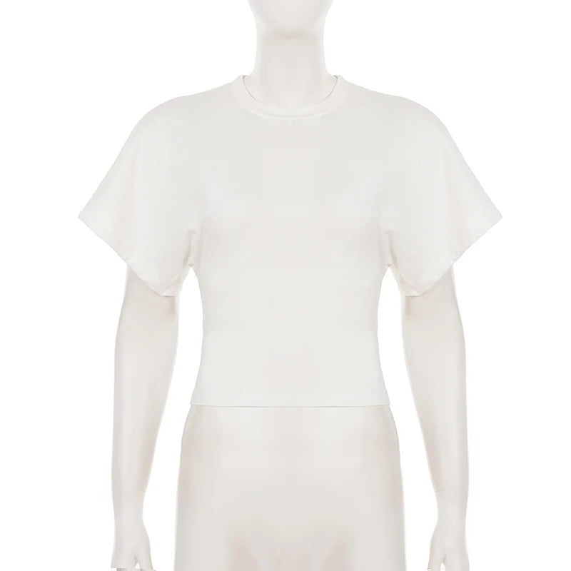 SUCHCUTE Solid Cotton O-Neck Pullover Waist Short Top Women Short-Sleeved Loose T-shirt Causal All-Match Shirts Summer Basic New