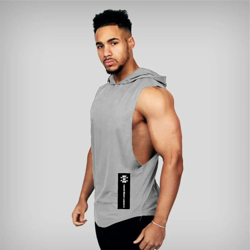 Gym Hooded Clothing Summer Cotton Fitness Tank Tops Open Side Mens Workout Muscles Vests Bodybuilding Sleeveless Loose Hoodie