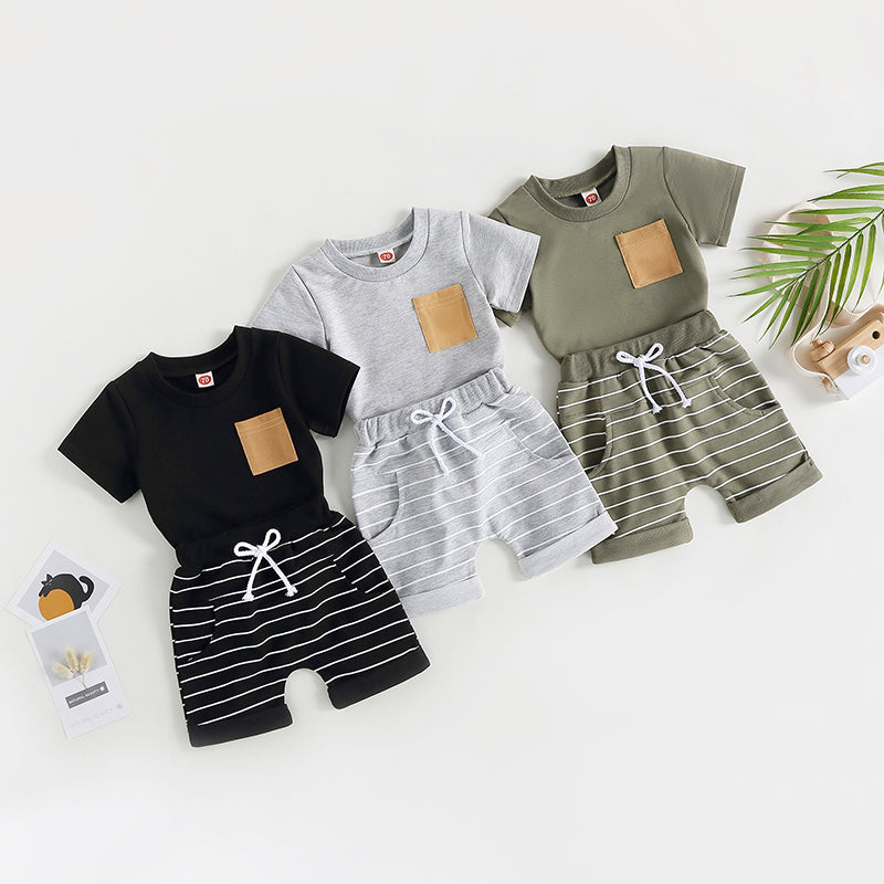 2023-03-01 Lioraitiin 0-4Years Baby Kids Boys 2Pcs Summer Set Short Sleeve Crew Neck T-shirt with Striped Shorts Outfit