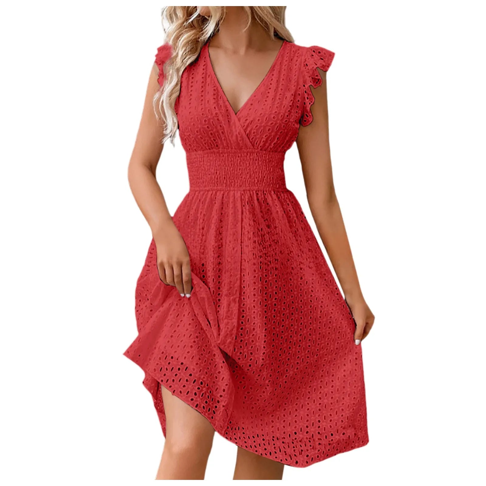 Summer Womens Vacation Short Dress Sexy V Neck Flare Sleeve Solid Color Hollow Lace Waist Dress Casual Beach Holiday Dresses