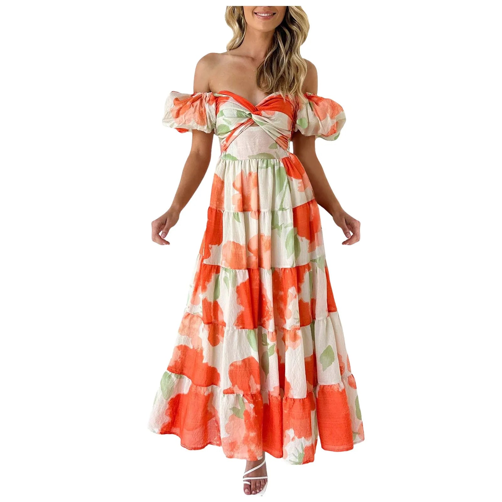 Summer V Neck Cutout Floral Print Dresses Elegant Women Puff Short Sleeve Casual Dress Pleated Waisted Swing Beach Long Dress