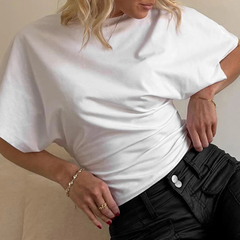 SUCHCUTE Solid Cotton O-Neck Pullover Waist Short Top Women Short-Sleeved Loose T-shirt Causal All-Match Shirts Summer Basic New
