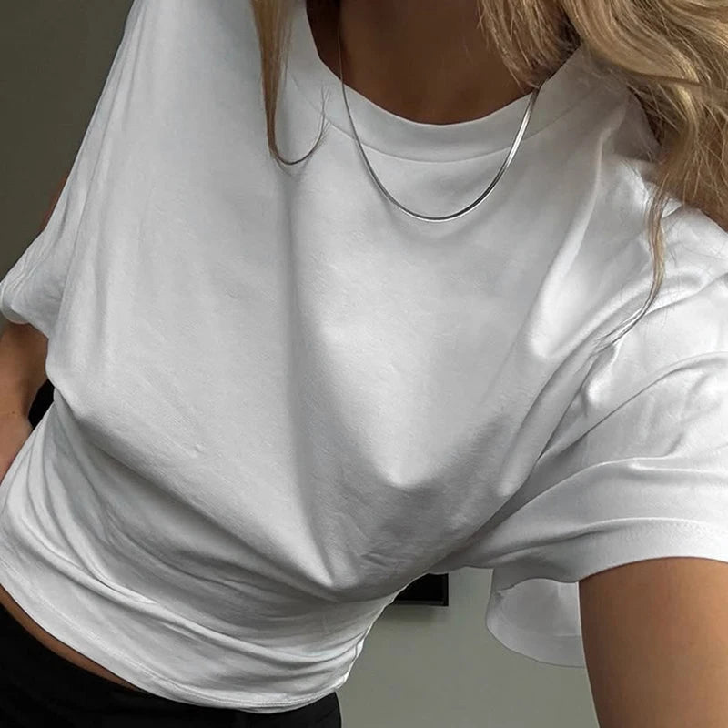 SUCHCUTE Solid Cotton O-Neck Pullover Waist Short Top Women Short-Sleeved Loose T-shirt Causal All-Match Shirts Summer Basic New