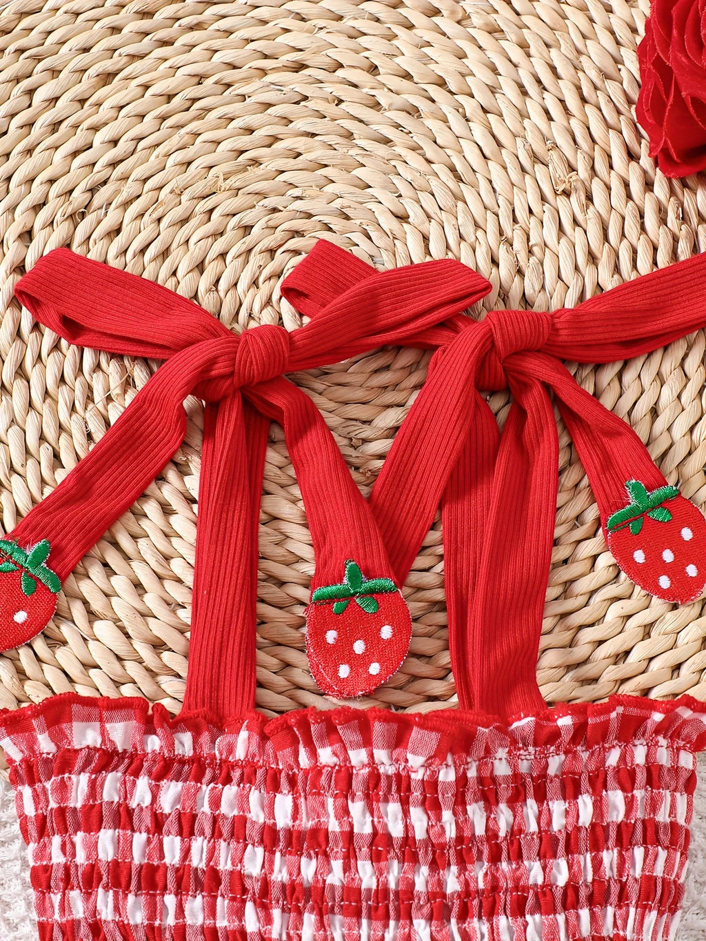 Baby Girl Strawberry Gingham Smocked Tie-Strap Romper Dress – Stretchy Shirred Bodice & Layered Skirt, Cute Summer One-Piece Out