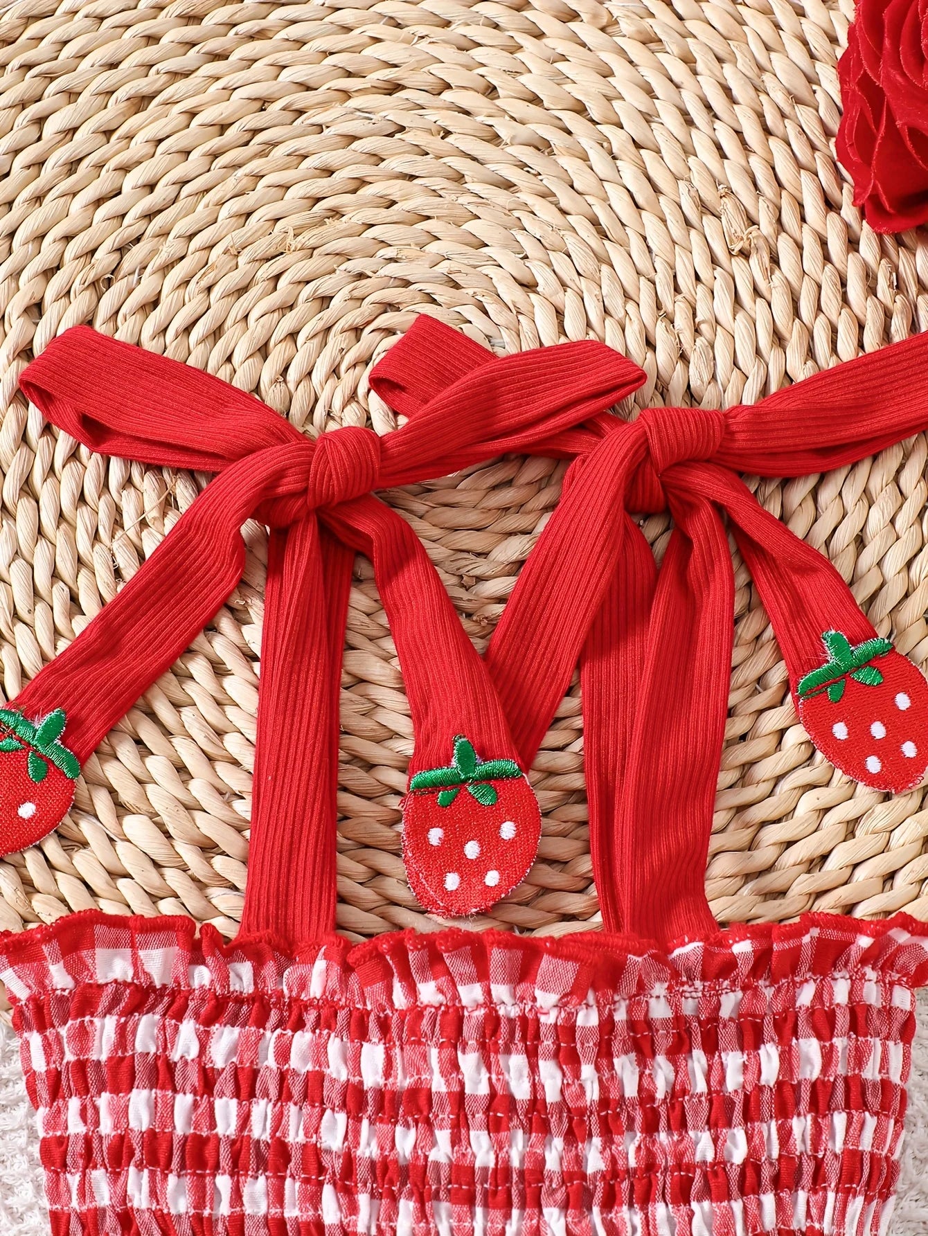 Baby Girl Strawberry Gingham Smocked Tie-Strap Romper Dress – Stretchy Shirred Bodice & Layered Skirt, Cute Summer One-Piece Out