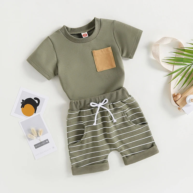 2023-03-01 Lioraitiin 0-4Years Baby Kids Boys 2Pcs Summer Set Short Sleeve Crew Neck T-shirt with Striped Shorts Outfit
