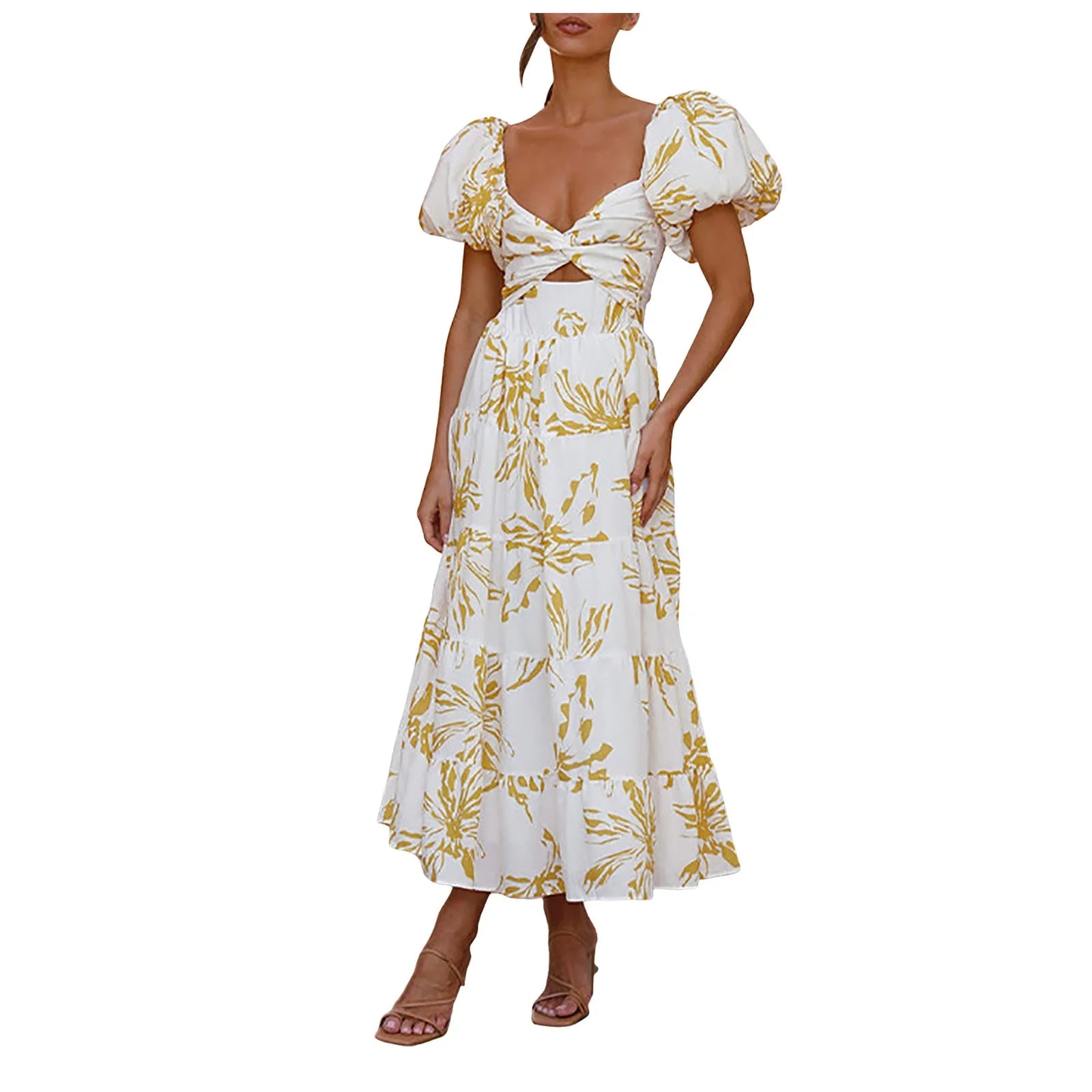 Summer V Neck Cutout Floral Print Dresses Elegant Women Puff Short Sleeve Casual Dress Pleated Waisted Swing Beach Long Dress
