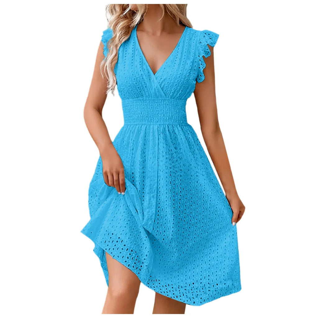 Summer Womens Vacation Short Dress Sexy V Neck Flare Sleeve Solid Color Hollow Lace Waist Dress Casual Beach Holiday Dresses