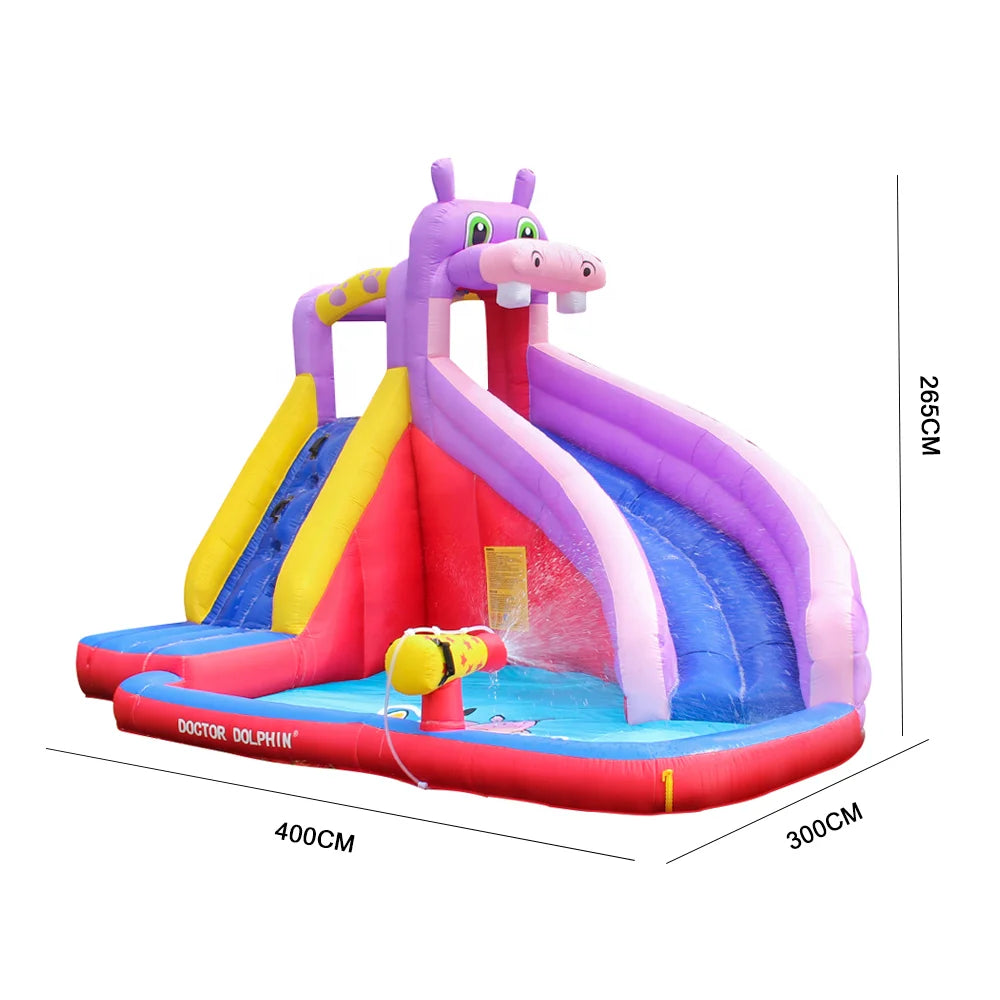 3-5 Kids Yard Home Summer Water Fun Family Inflatable Hippo Water Slide Park Pool With Water Gun