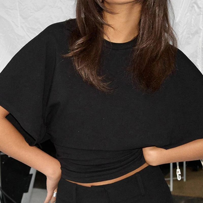 SUCHCUTE Solid Cotton O-Neck Pullover Waist Short Top Women Short-Sleeved Loose T-shirt Causal All-Match Shirts Summer Basic New