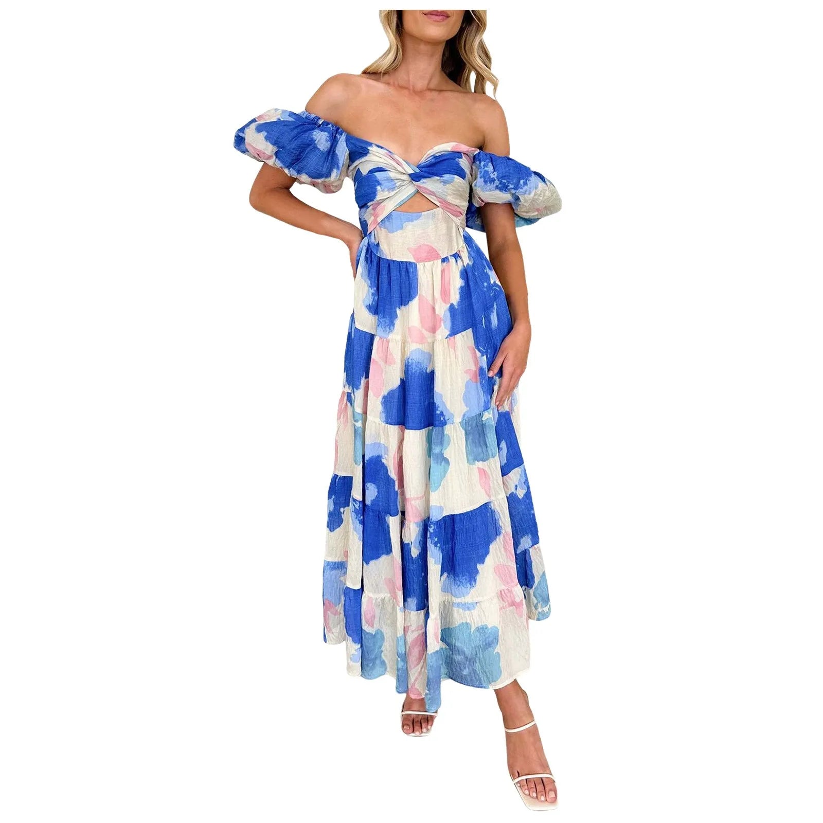 Summer V Neck Cutout Floral Print Dresses Elegant Women Puff Short Sleeve Casual Dress Pleated Waisted Swing Beach Long Dress