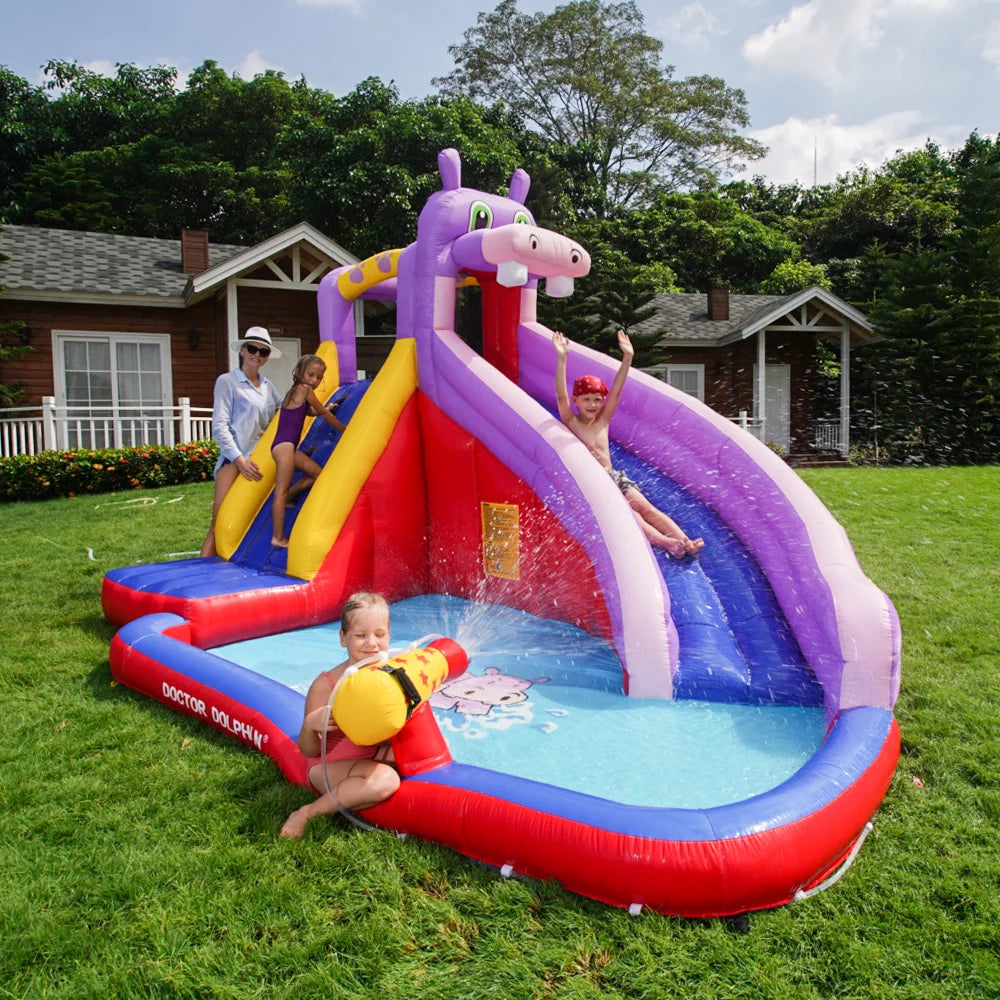 3-5 Kids Yard Home Summer Water Fun Family Inflatable Hippo Water Slide Park Pool With Water Gun
