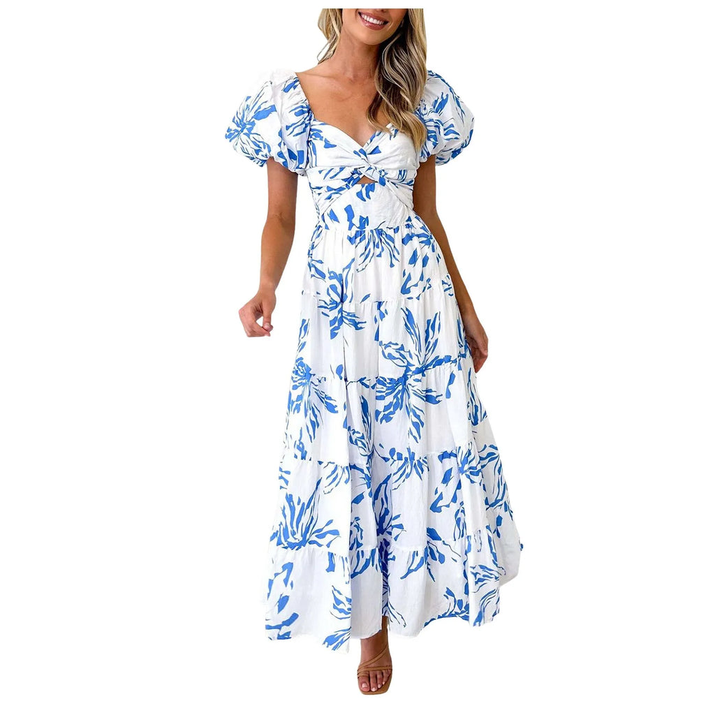 Summer V Neck Cutout Floral Print Dresses Elegant Women Puff Short Sleeve Casual Dress Pleated Waisted Swing Beach Long Dress