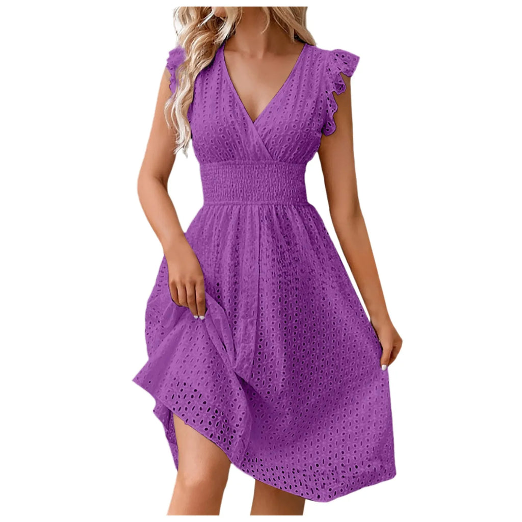 Summer Womens Vacation Short Dress Sexy V Neck Flare Sleeve Solid Color Hollow Lace Waist Dress Casual Beach Holiday Dresses