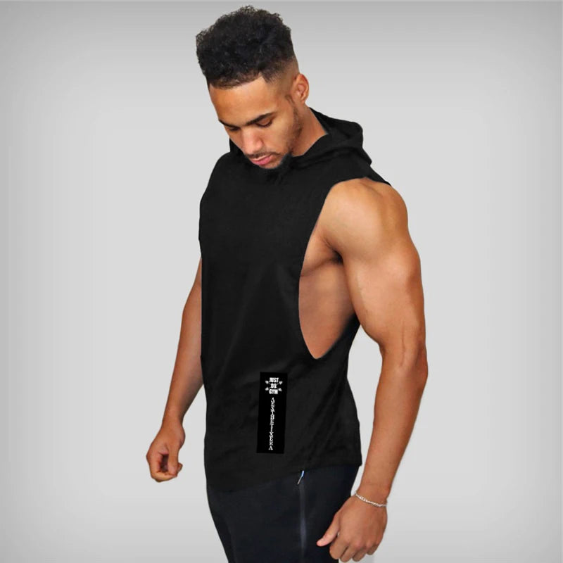 Gym Hooded Clothing Summer Cotton Fitness Tank Tops Open Side Mens Workout Muscles Vests Bodybuilding Sleeveless Loose Hoodie