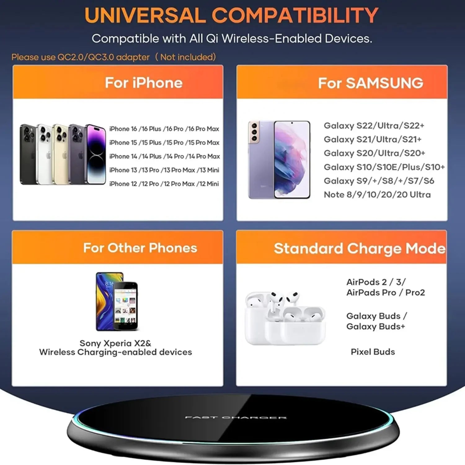 LED Fast Wireless Charging Stand Universal Charger Dock Pad for iPhone 17 16 15-8 Series Samsung S24/S23/S22/S21 Xiaomi Huawei