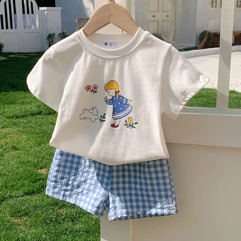 Summer Clothes Kids Girl Boy Short Sleeved Suit T-shirt + Shorts Children's Wear Casual Printed Tees Two Piece Outfits 1-6 Age