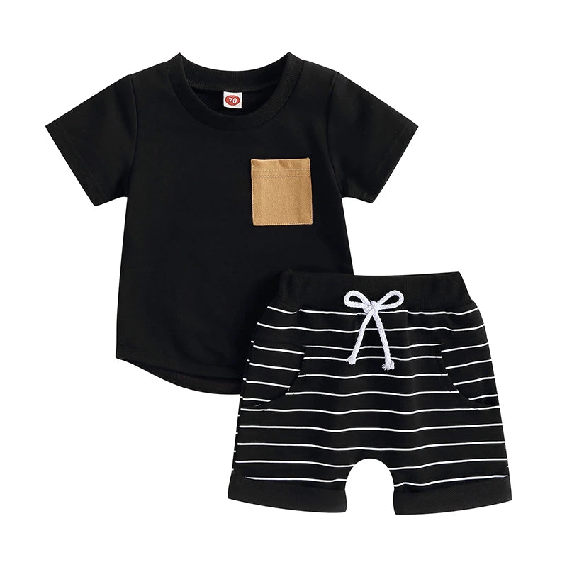2023-03-01 Lioraitiin 0-4Years Baby Kids Boys 2Pcs Summer Set Short Sleeve Crew Neck T-shirt with Striped Shorts Outfit