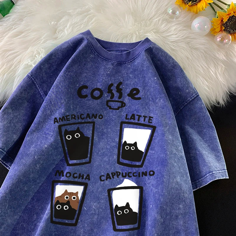 American Retro Trendy Cat Cotton T-shirt Men Women Summer Loose Couple Short Sleeve Tops Harajuku Y2k Vintage Water Washing Tee