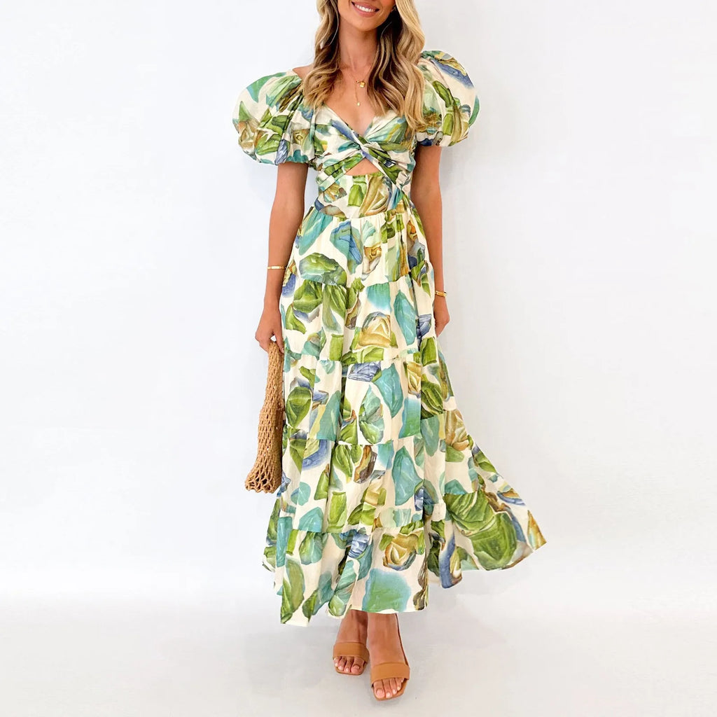 Summer V Neck Cutout Floral Print Dresses Elegant Women Puff Short Sleeve Casual Dress Pleated Waisted Swing Beach Long Dress